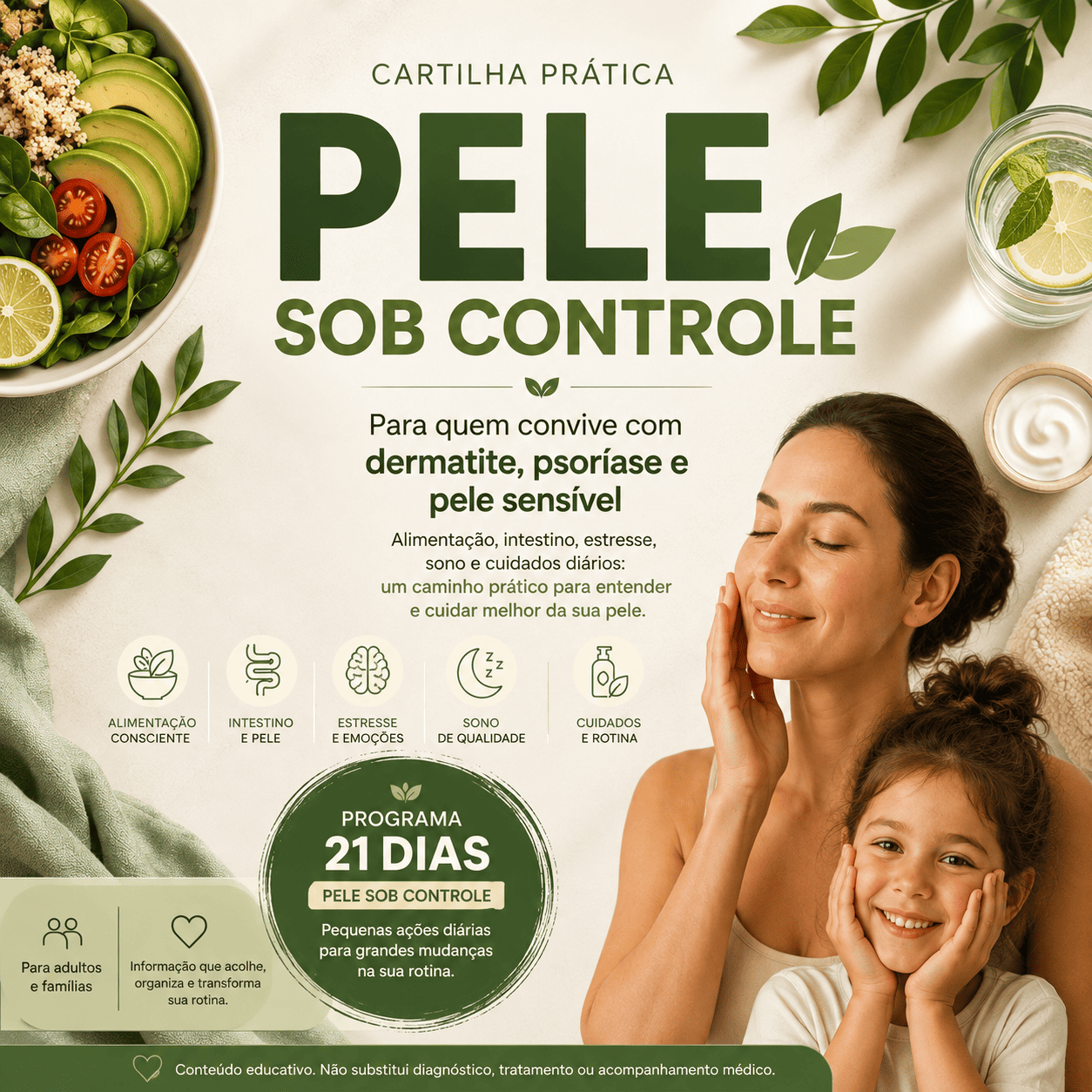 Arte da cartilha PELE SOB CONTROLE com alimentação equilibrada, mãe e criança