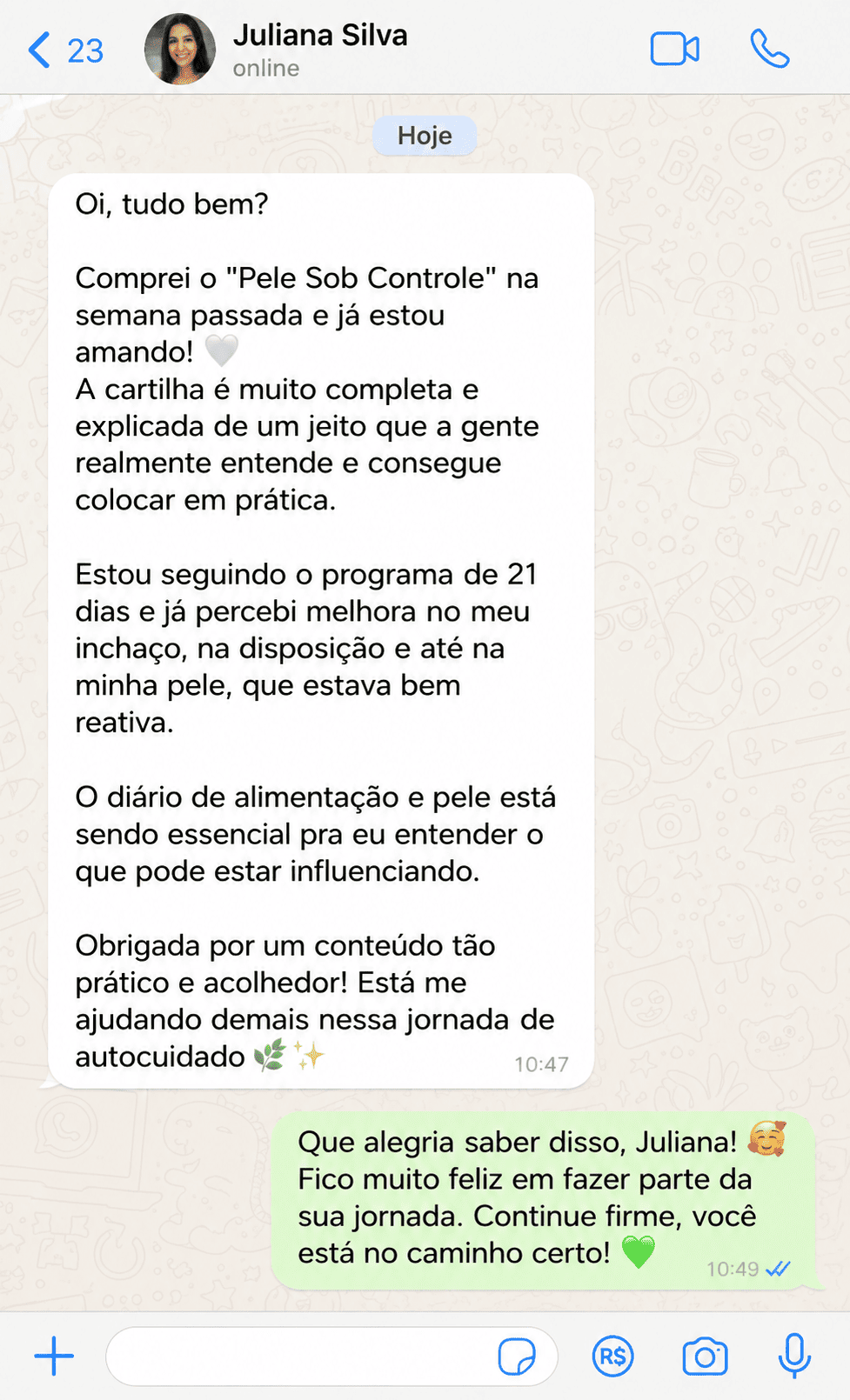 Captura de tela de um relato real de cliente sobre o PELE SOB CONTROLE