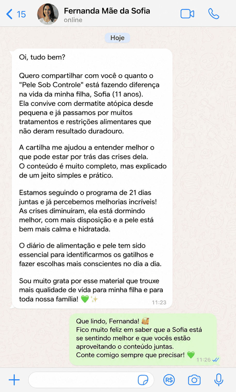 Captura de tela de um relato real de cliente sobre o PELE SOB CONTROLE