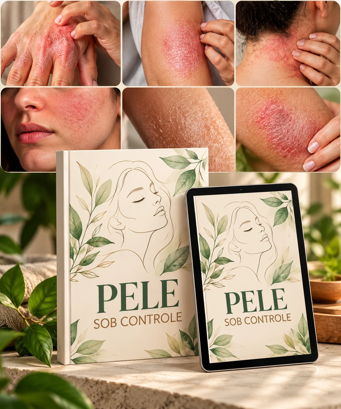 Arte PELE SOB CONTROLE com fotos de pele irritada e o material apresentado em livro e tablet sobre uma bancada de pedra